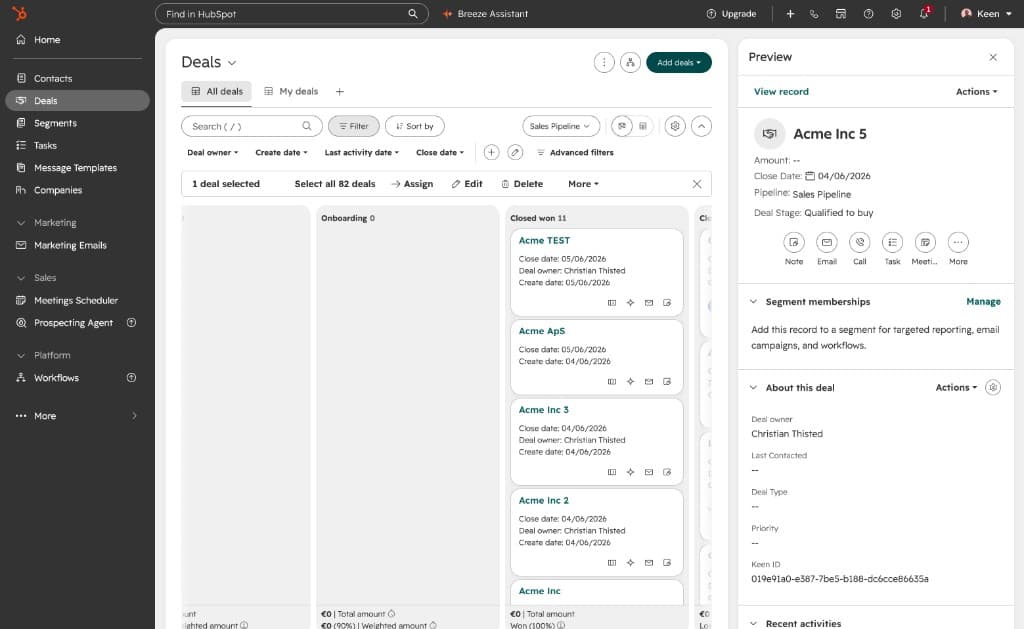 HubSpot Deals pipeline with the Preview panel open and the Segment memberships card visible near the top