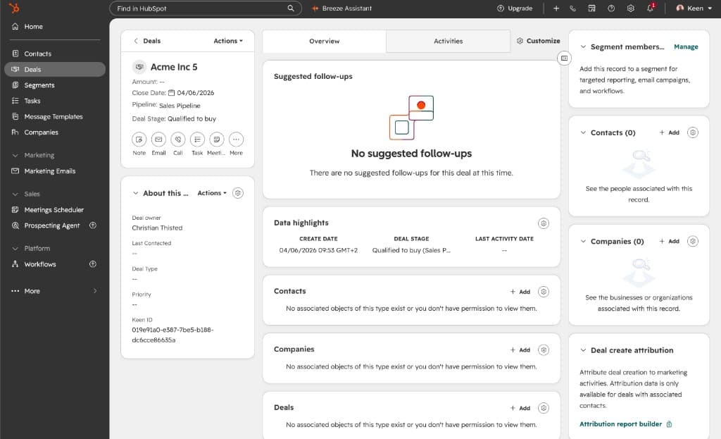 Full HubSpot Deal Record with the Segment memberships card at the top of the right sidebar