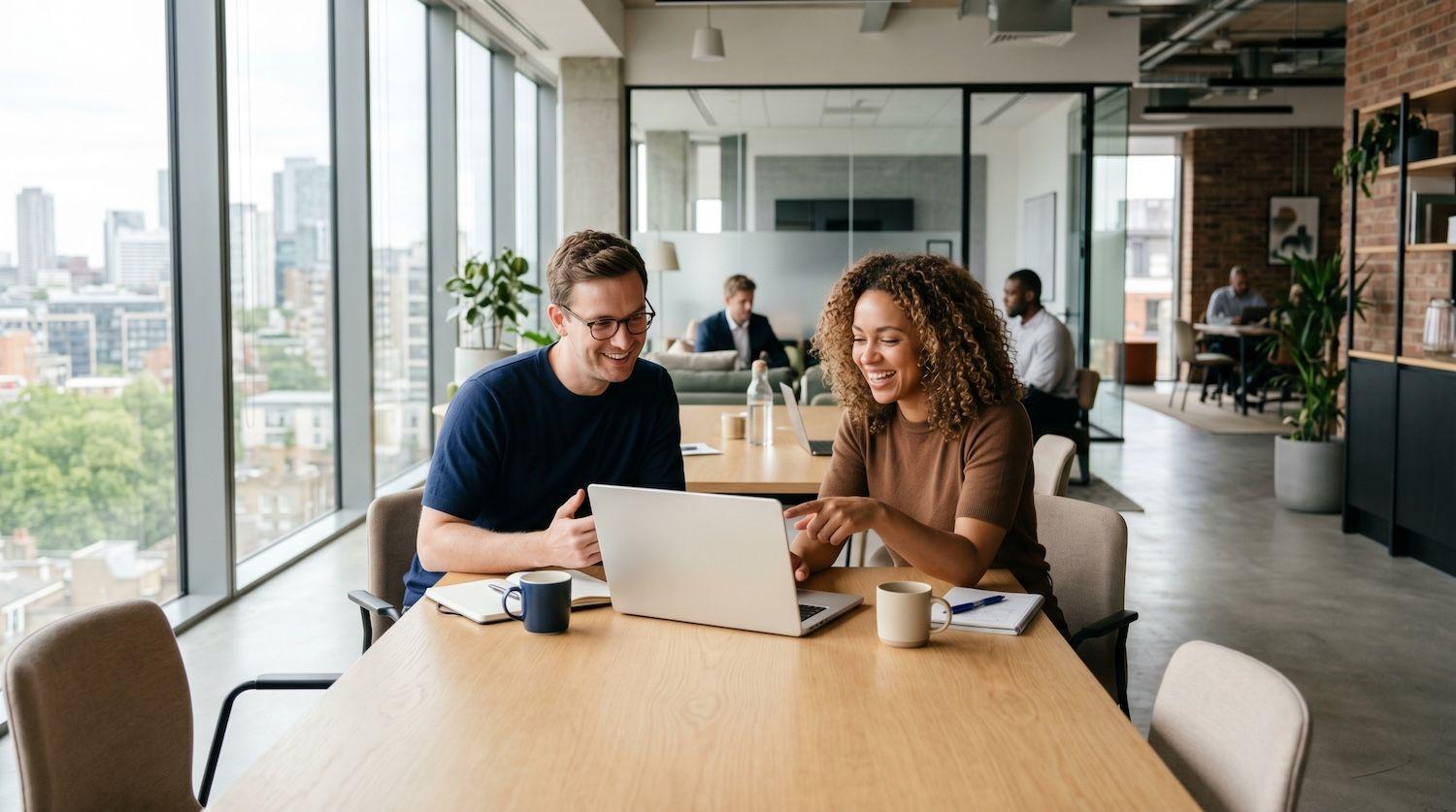 Colleagues reviewing partnership data together on a laptop
